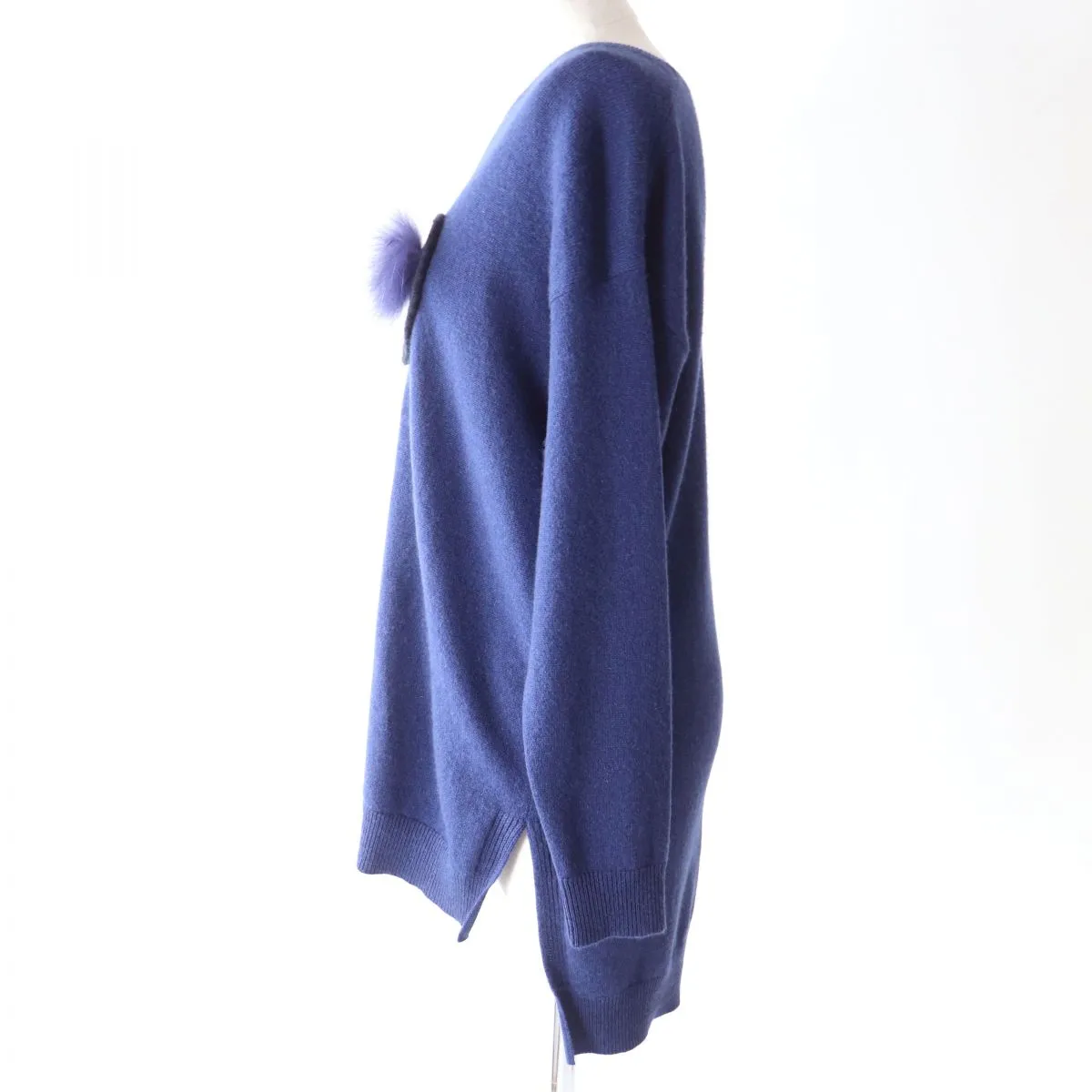 Fendi Cashmere Knit Top with Fox Fur, Logo, Navy