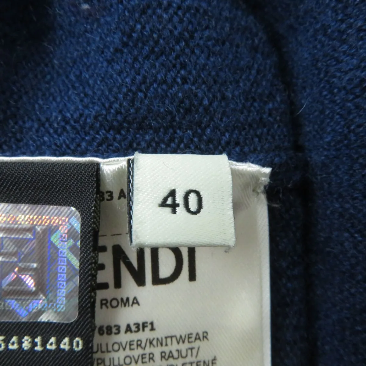 Fendi Cashmere Knit Top with Fox Fur, Logo, Navy
