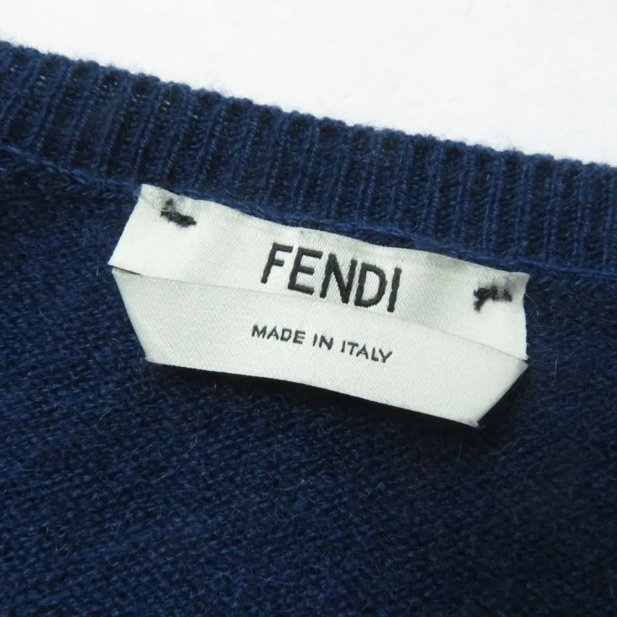 Fendi Cashmere Knit Top with Fox Fur, Logo, Navy