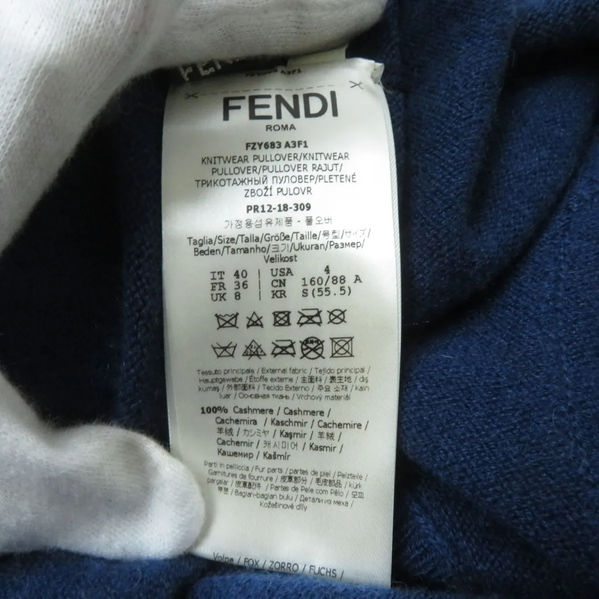 Fendi Cashmere Knit Top with Fox Fur, Logo, Navy