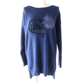 Fendi Cashmere Knit Top with Fox Fur, Logo, Navy