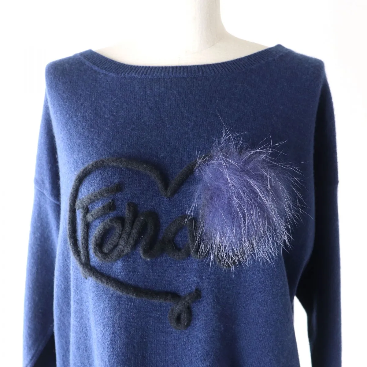 Fendi Cashmere Knit Top with Fox Fur, Logo, Navy
