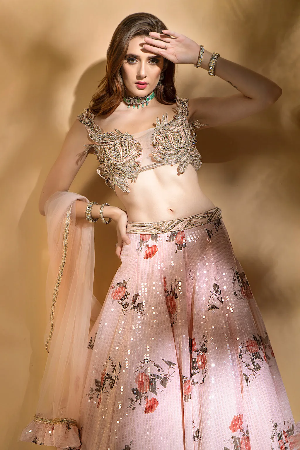 Floral Sequins Skirt with embroidered top and scarf