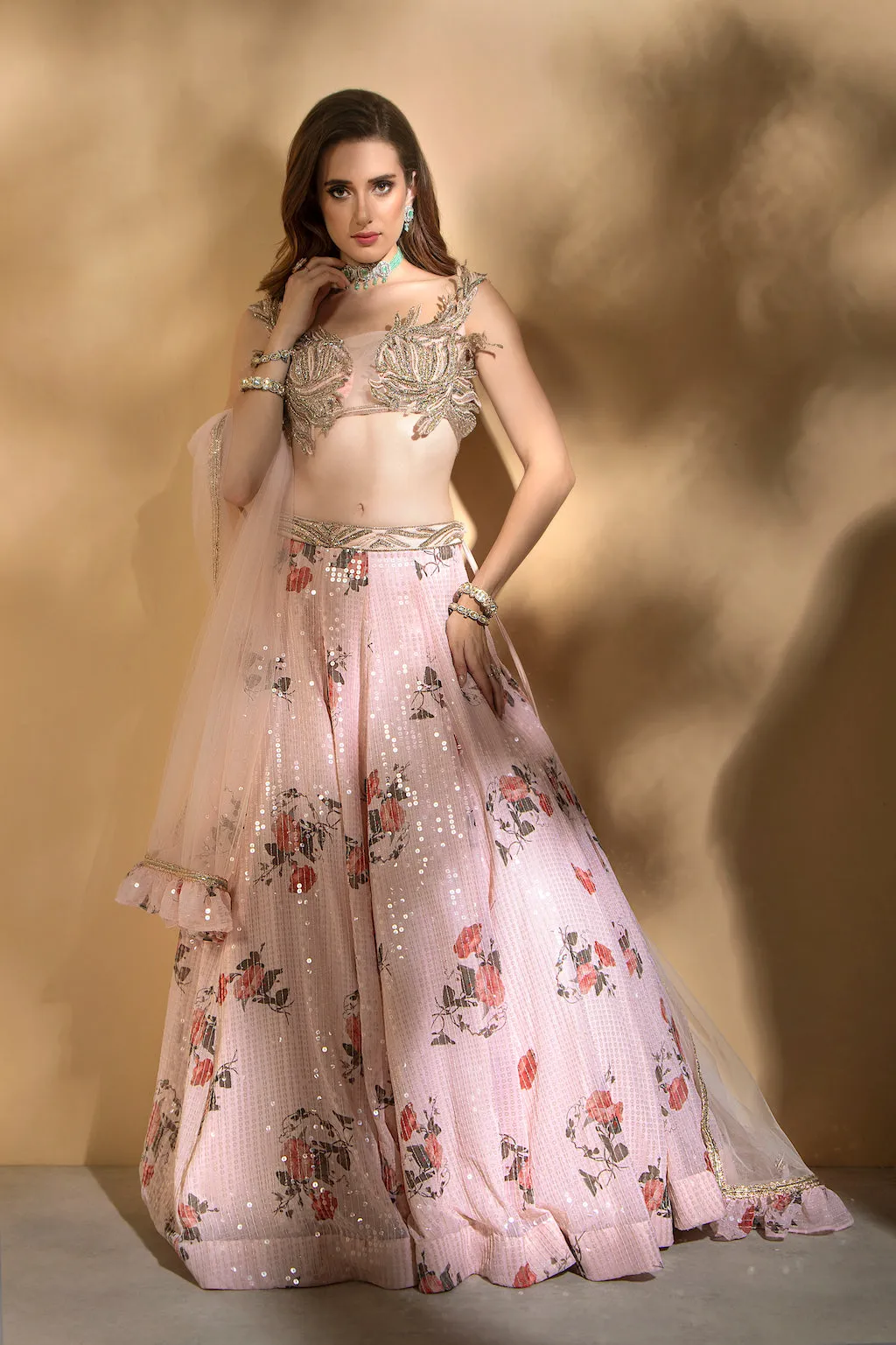 Floral Sequins Skirt with embroidered top and scarf