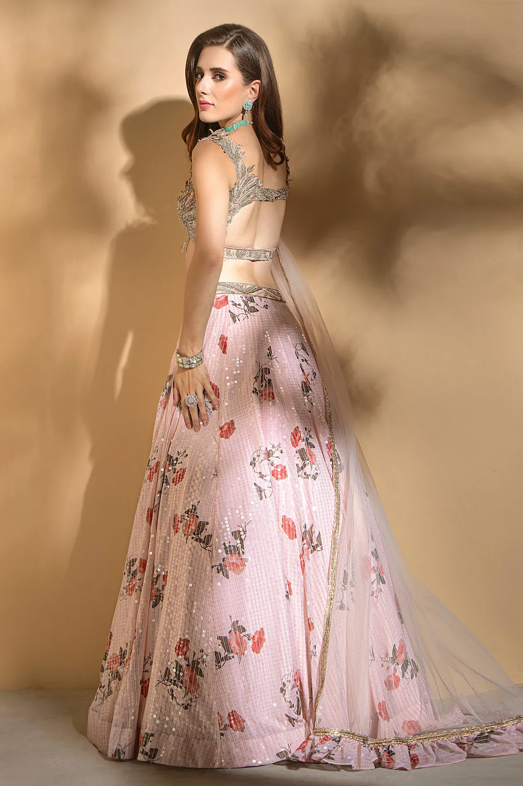 Floral Sequins Skirt with embroidered top and scarf