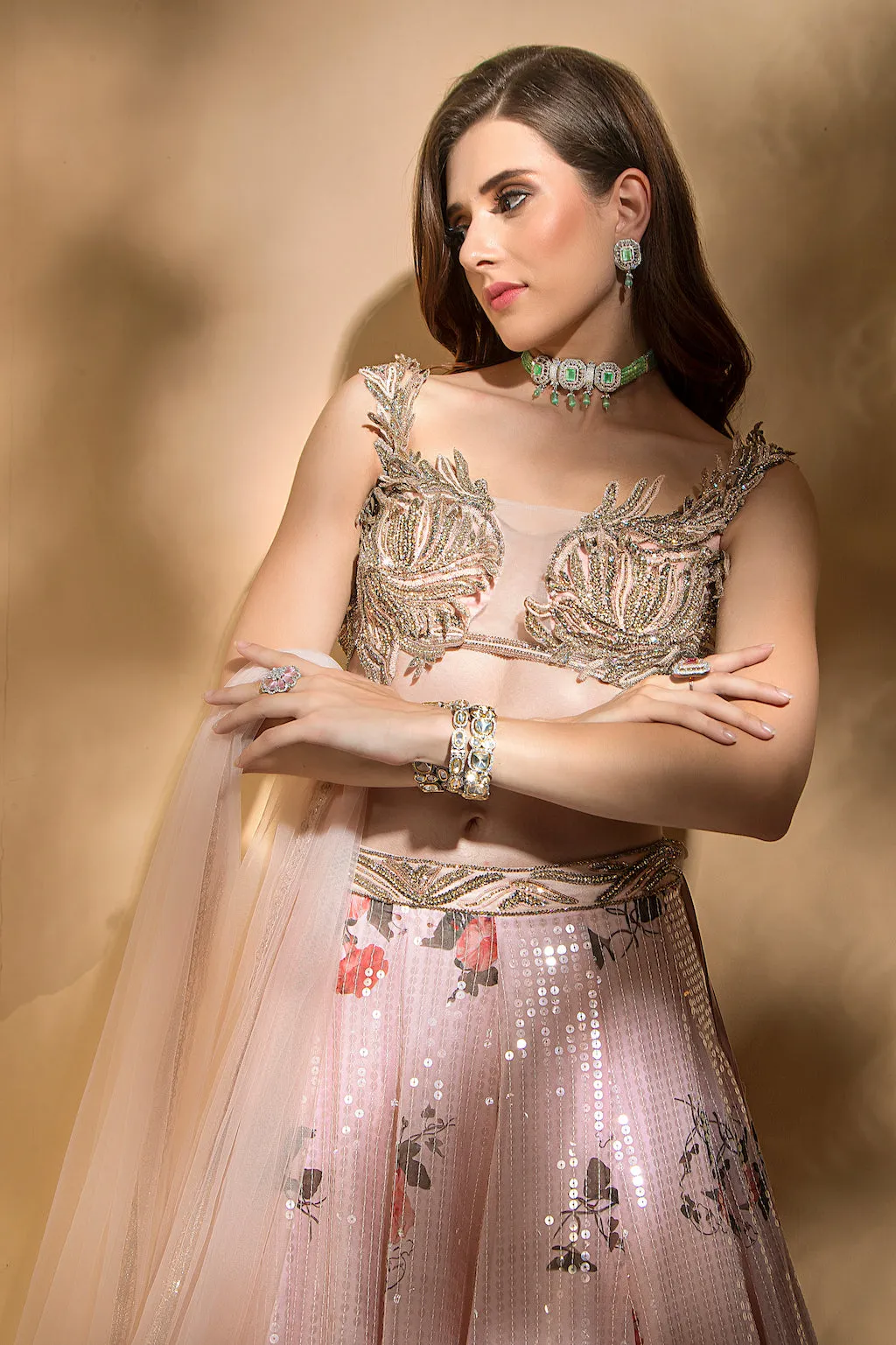 Floral Sequins Skirt with embroidered top and scarf