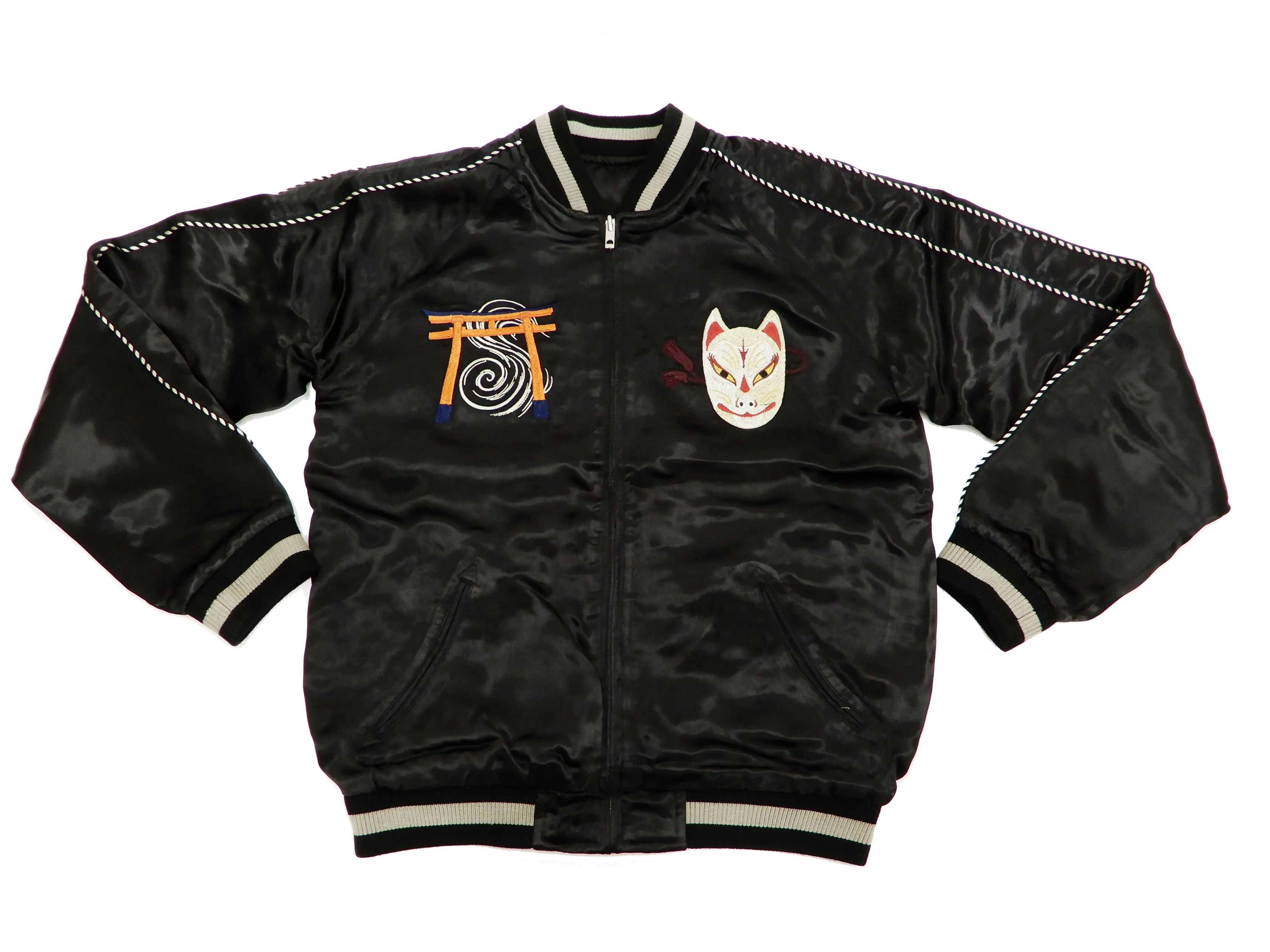 Hanatabi Gakudan Men's Japanese Souvenir Jacket Japanese Fox Mask Sukajan Script SSJ-520