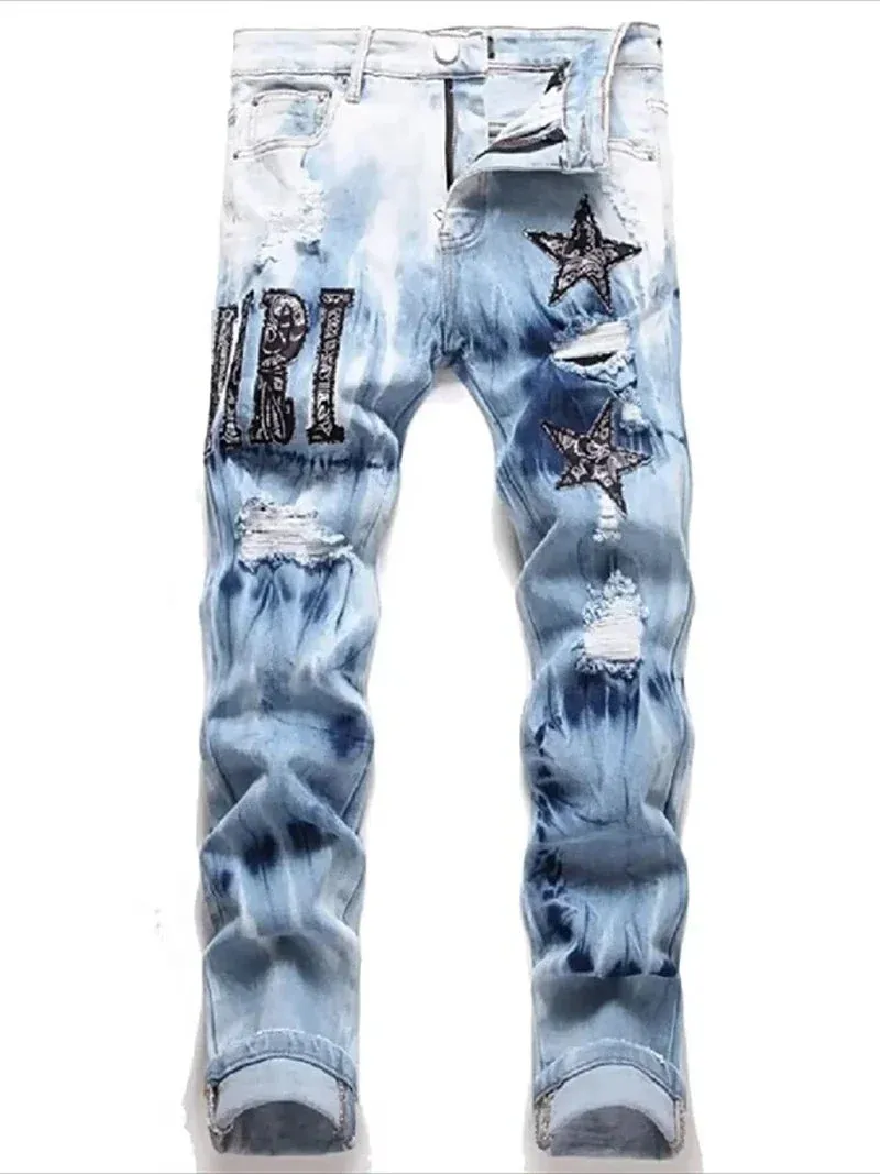 Y2K Star Embroidery Broken Hole Jeans Tie Dyed Light Blue Cotton Stretch Streetwear Fashion Brand Men's Skinny Denim Pants