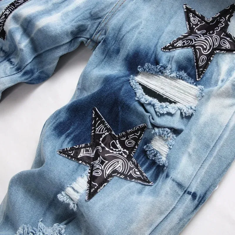 Y2K Star Embroidery Broken Hole Jeans Tie Dyed Light Blue Cotton Stretch Streetwear Fashion Brand Men's Skinny Denim Pants