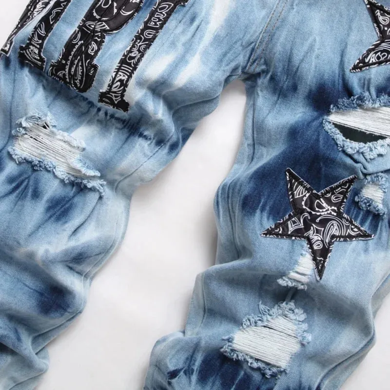 Y2K Star Embroidery Broken Hole Jeans Tie Dyed Light Blue Cotton Stretch Streetwear Fashion Brand Men's Skinny Denim Pants