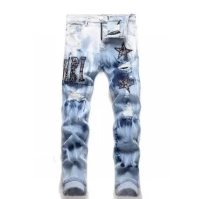 Y2K Star Embroidery Broken Hole Jeans Tie Dyed Light Blue Cotton Stretch Streetwear Fashion Brand Men's Skinny Denim Pants