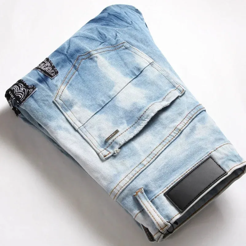 Y2K Star Embroidery Broken Hole Jeans Tie Dyed Light Blue Cotton Stretch Streetwear Fashion Brand Men's Skinny Denim Pants
